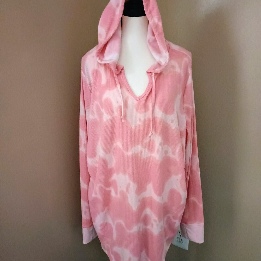 BELLE BY KIM GRAVEL-PINK TIE DYE HOODED SWEATSHIRT-2X-POLY/RAYON-SOFT-DRAPEY